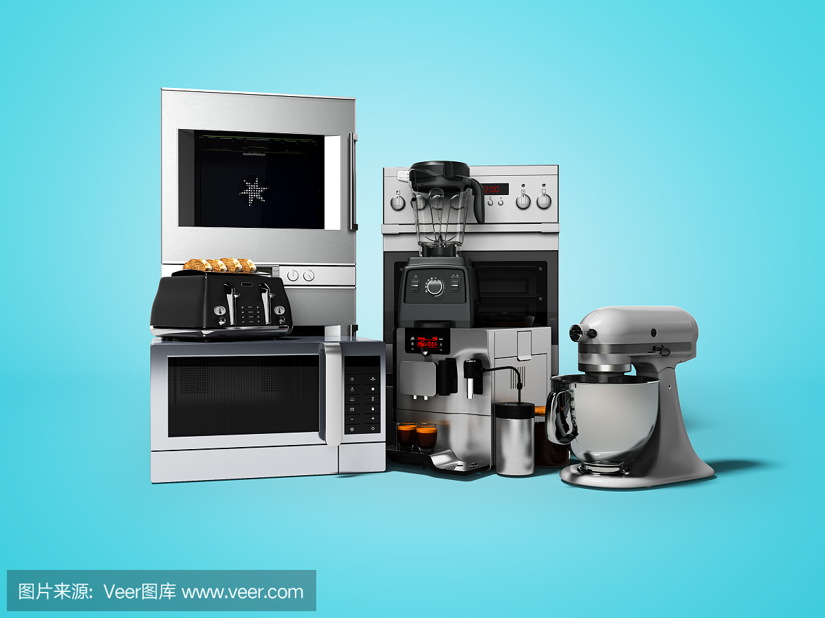 厨房、烤面包机、咖啡机、微波炉、食品处理机、搅拌机的家用电器组,在蓝色背景上有阴影